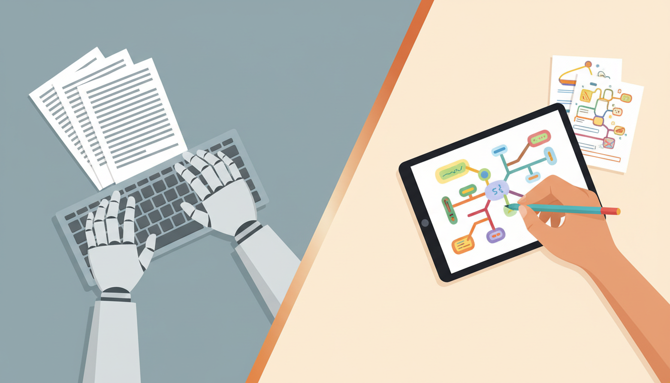 Illustration comparant la création de contenu générique par IA et le contenu humain unique