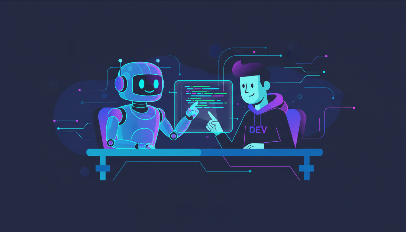 Un développeur et un assistant IA collaborant sur du code dans un style minimaliste