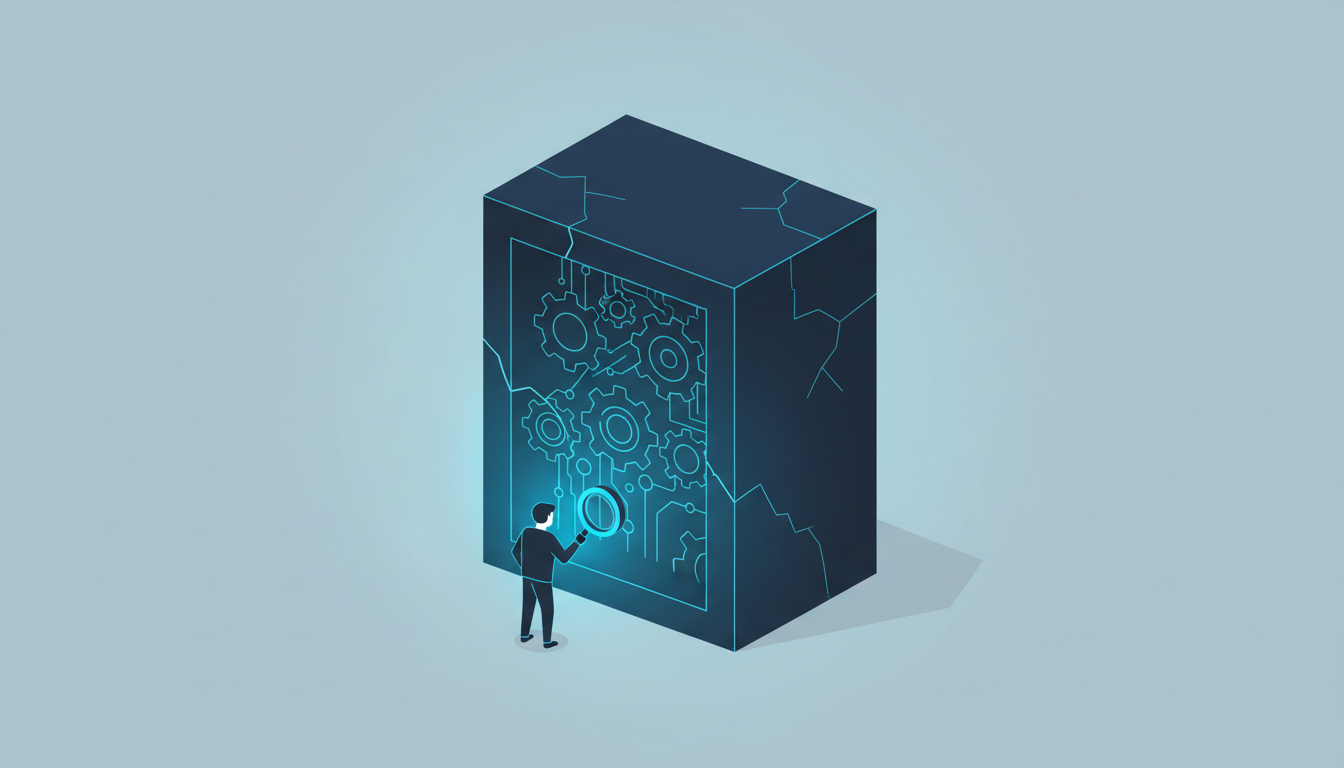 Illustration d'un développeur analysant l'intérieur d'une boîte noire logicielle