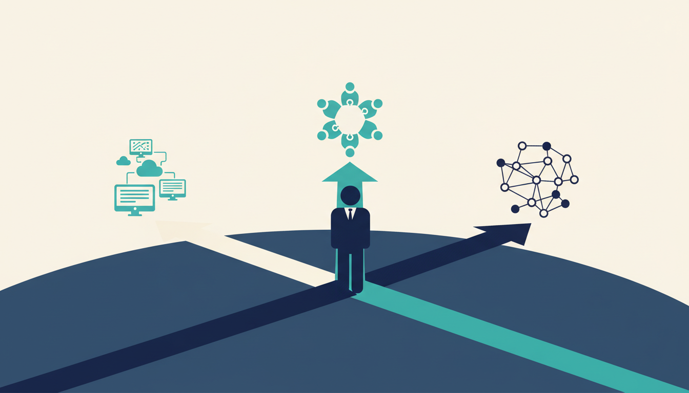 Illustration conceptuelle montrant un freelance naviguant sur différents chemins stratégiques pour trouver des contrats.