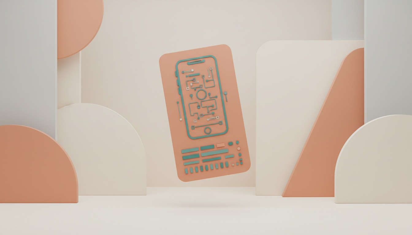 Illustration minimaliste d'une landing page produit épurée avec un smartphone stylisé